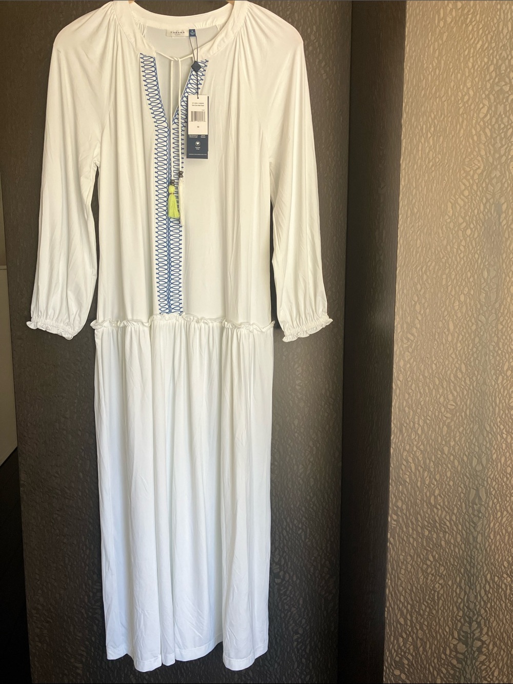 CANANA LIFE White w/ Blue Embroidery Tunic Maxi Dress Coverup Size M NWT